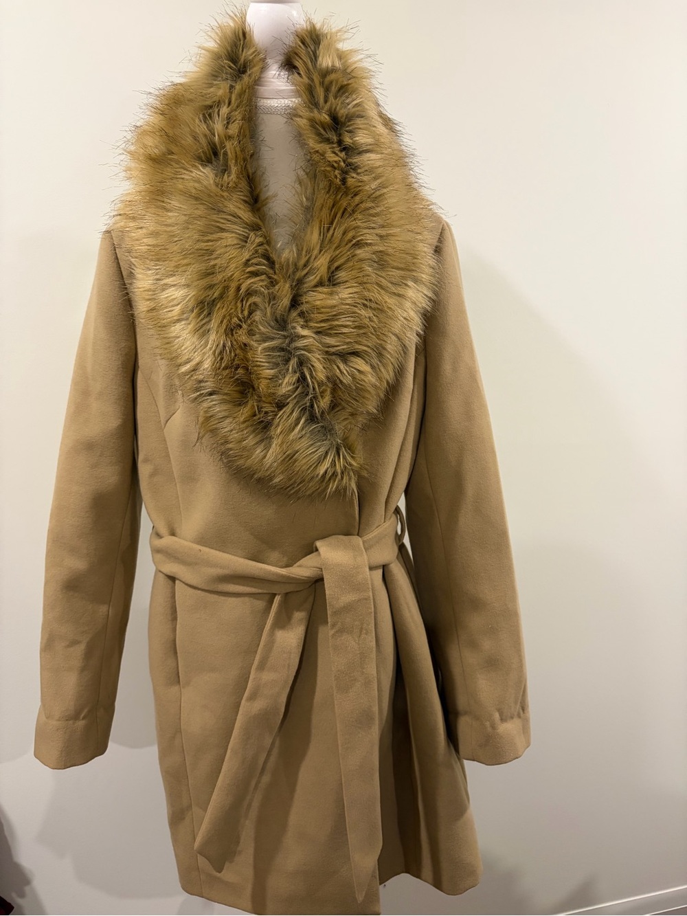 New Look Camel Wrap Coat Removable Faux Fur Collar Size 16